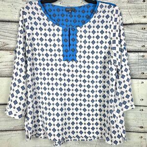 Market & Spruce Print Blouse Blue White 3/4 Sleeve Women’s XL